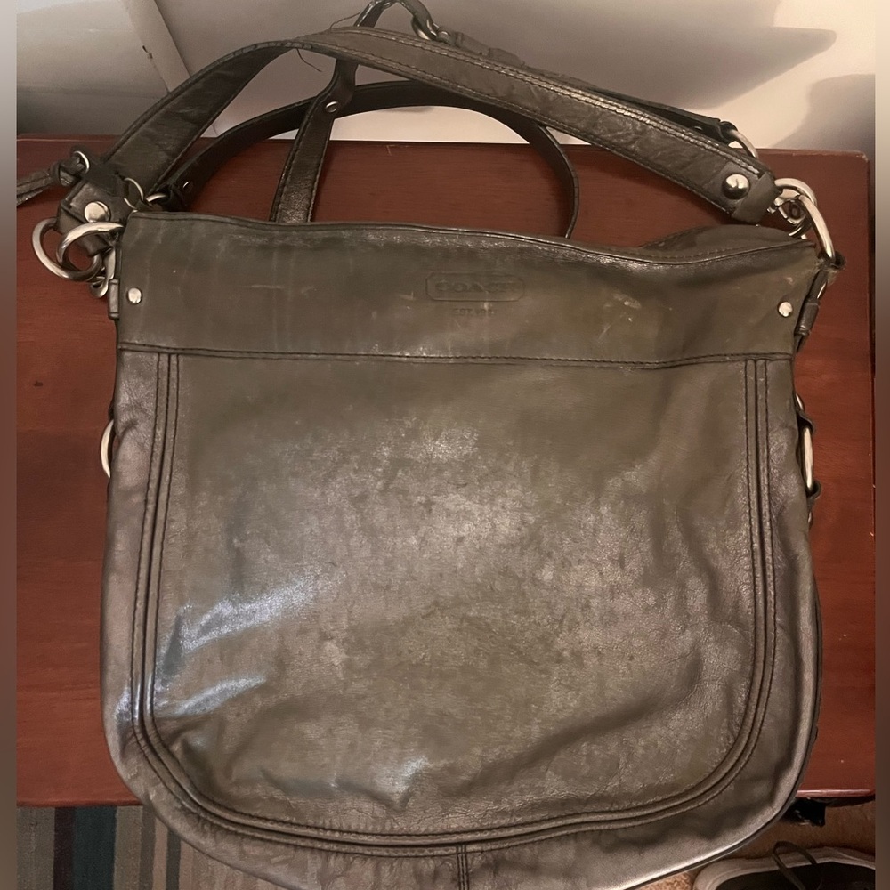 Large Coach Metallic Gray Leather Bag